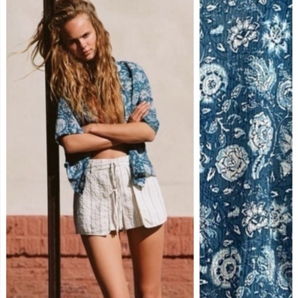 Zara Blue Floral Print Button Down Collared Crinkle Boxy Shirt
